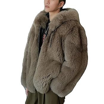 Mens Hooded Fox Fur Coat Fur Jacket Brown Color Mens Winter