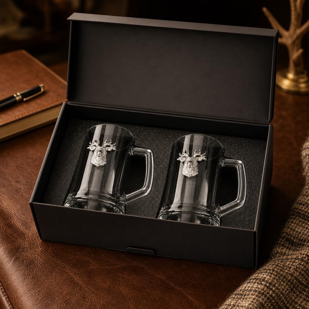 Arthur Court Elk Head Beer Mugs Set of 2, 16oz Glass with Sand Cast Aluminum Emblems for Lodge Barware