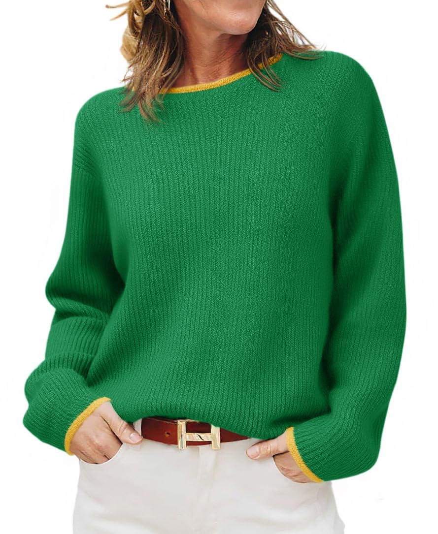 Saodimallsu Womens Fall Sweaters Long Sleeve Crew Neck Casual Trendy Chunky Ribbed Knit Color Block Loose Pullover Tops