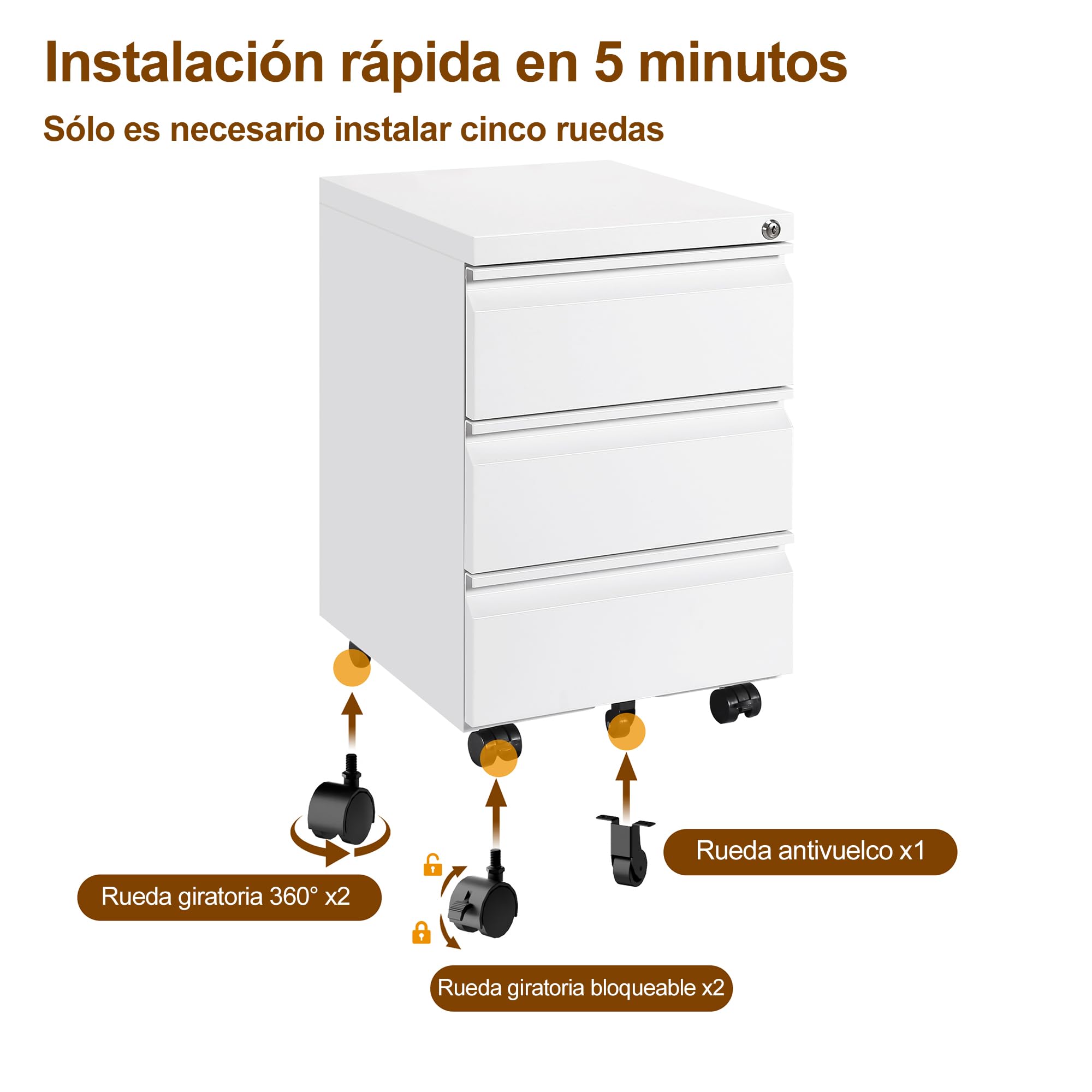 Cajonera móvil, Archivador Metálico con Cerradura, 4 Llaves, 3 Cajones, Premontado, para Oficina, Oficina en Casa, Blanco