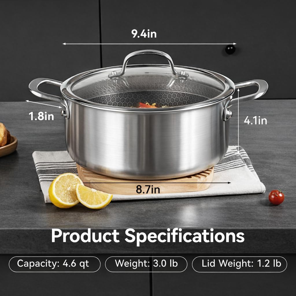 4.6 Qt Stainless Steel Stock Pot with Glass Lid, 9.4 in 3-Ply 18/10 Induction Cooking Pot, Honeycomb Physical Nonstick Soup Pot for Pasta & Stews, PFOA-Free