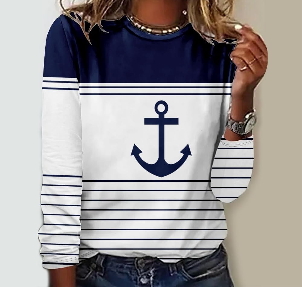 Women Tops Anchor Stripe Print Crew Neck T-Shirt Casual Long Sleeve Shirt - Image 2