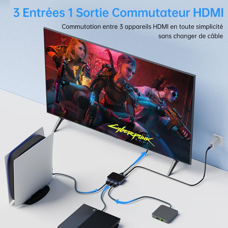 Commutateur HDMI 2.1 8K 60Hz 4K 144Hz 3 Entrées 1 Sortie - Switch UHD HDR Pour PS5 Xbox Switch