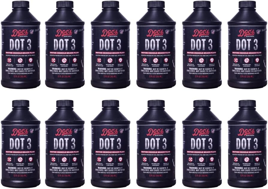 Doc’s DOT 3 Brake Fluid – Full Synthetic Hydraulic Brake Fluid | Prevents Brake Fade & Moisture Build-Up | Compatible with ABS, Disc & Drum Brake Systems – 12-Pack (12 oz)