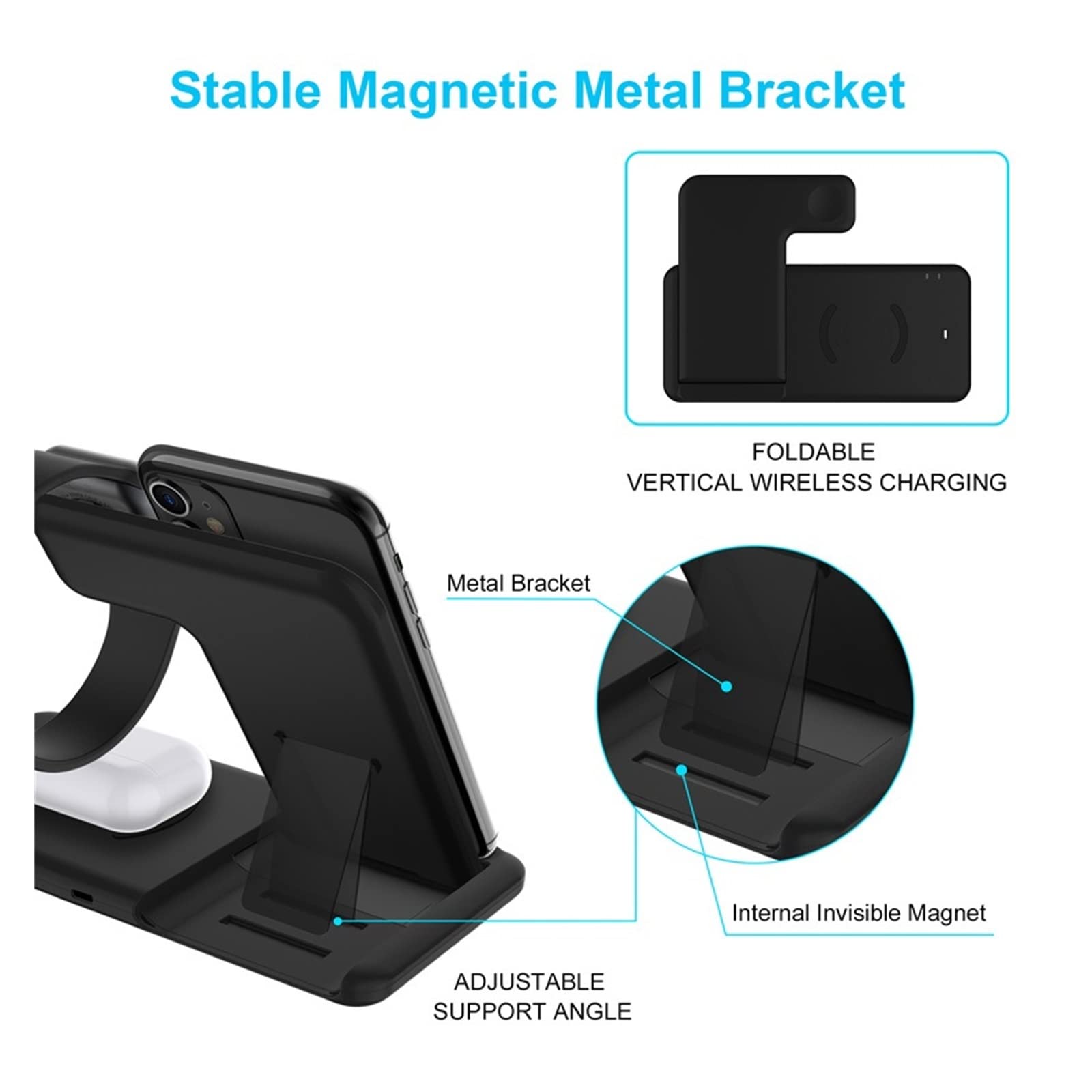 Chargeur sans Fil Support de Chargeur sans Fil Rapide 30W for Montre de téléphone Station de Chargement Pliable 4 en 1 for Montre d'écouteurs(4 in 1 Black with Plug)