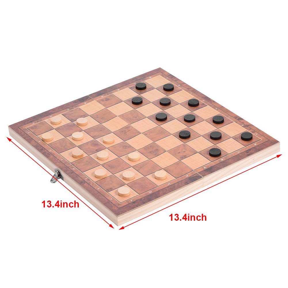Set di Scacchi in Legno Pieghevole 3in1 Scacchiera in Legno Portatile Gioco di Scacchi Pieghevole per Feste in Famiglia(34 * 34cm)