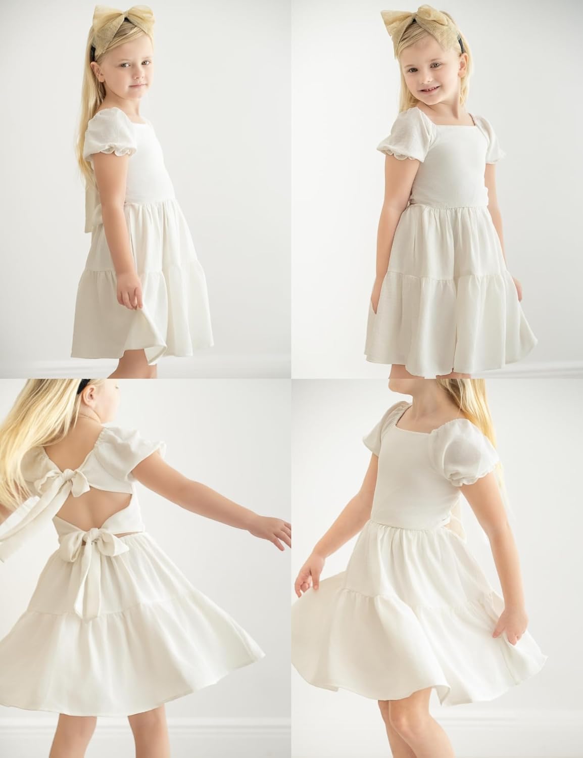 Arshiner Girls Summer Dress Tie Back Short Sleeve Square Neck Tiered Midi Casual Dresses with Pockets - Image 6