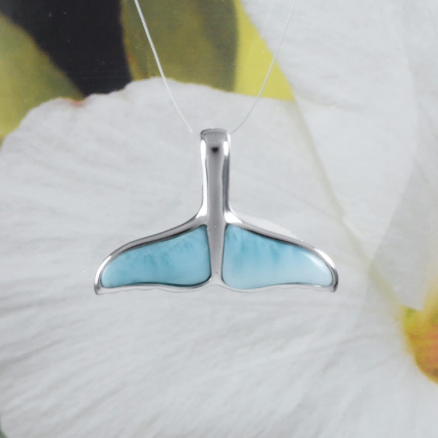 Unique Hawaiian Genuine Larimar Whale Tail Necklace, Sterling Silver Larimar Whale Tail Pendant, N8445A