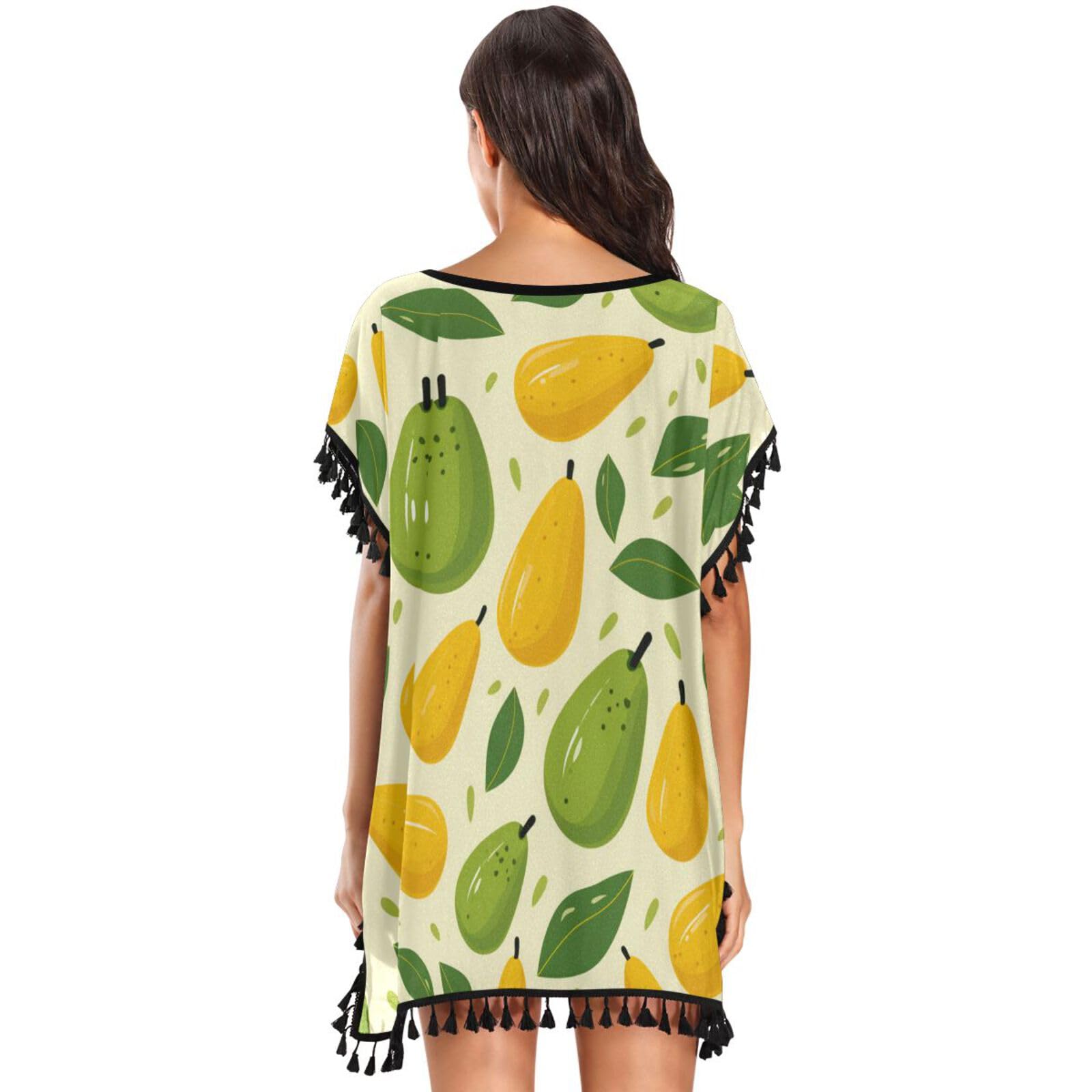 Green Yellow Fruit Art Women's Beach Cover Up Chiffon Tassel Swimwear Swimsuit Coverups for Girl