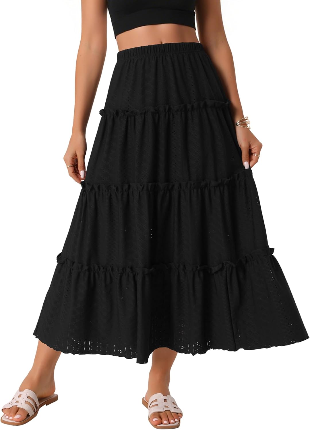 Seta T Women's Maxi Skirts Elastic Waist Tiered A Line Eyelet Skirt Ruffle Boho Long Summer Casual Skirt