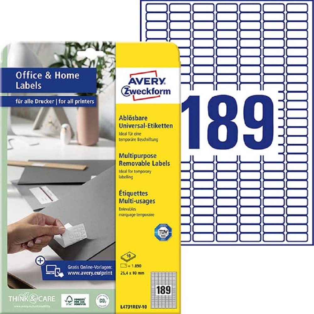 AVERY Zweckform L4731REV-10 Universal Labels (1,890 Adhesive Labels, 25.4 x 10 mm on A4, Removable Without Residue/Removable, Individually Printable, Self-Adhesive Stickers) 10 Sheets, White