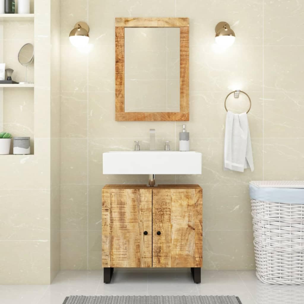 Brown Solid Mango Wood Bathroom Furniture Set, 24.4" Vanity Sink Cabinet with Mirror, Farmhouse Style Storage for Master Bathroom