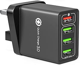 Fast Charger Plug USB Charger – Ultra Fast 4 Port Multi USB Plug Adaptor UK – 33W Quick Charge 3.0 Wall Charger Adapter Plug UK – Phone Charger Plug Fast Charging for iPhone, Samsung, iPad and more