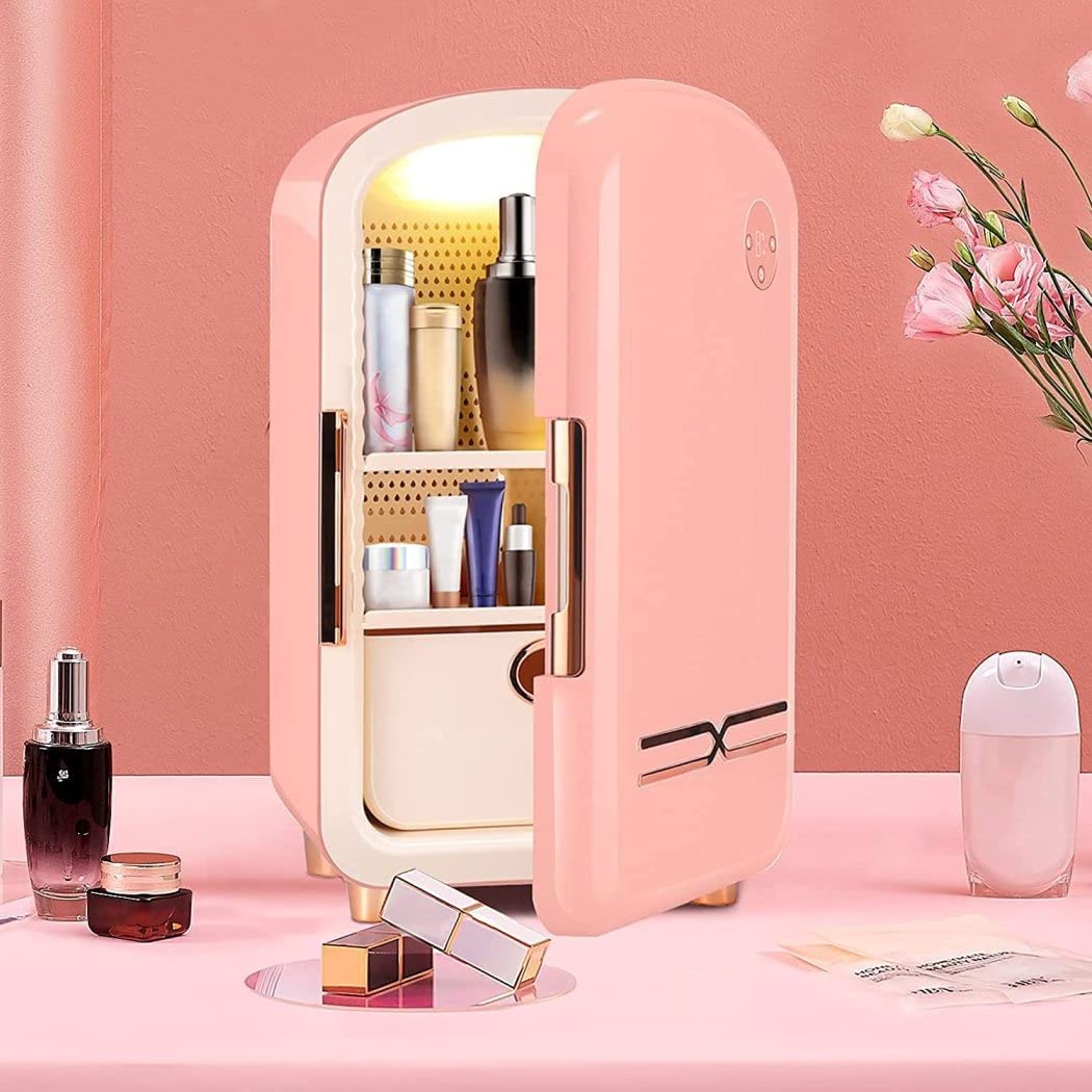 Nevera Rosa Moderna para el Cuidado de la Piel con cajones extraíbles, mininevera de Belleza de 12 litros, Nevera portátil para Maquillaje para el Cuidado de la Piel y cosméticos