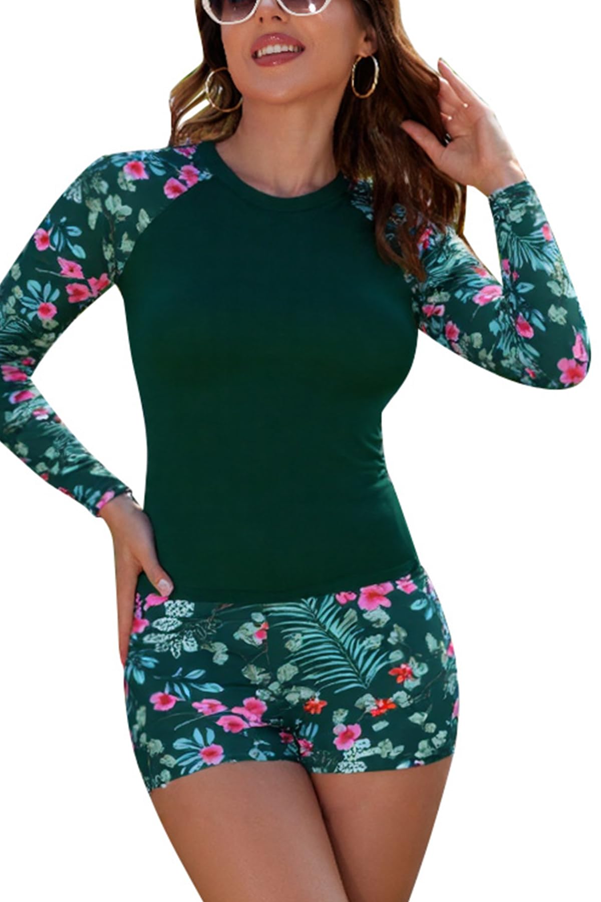SHEKINI Traje de baño de 2 piezas para mujer, de manga larga, con brasier integrado, camiseta de natación con pantalón corto