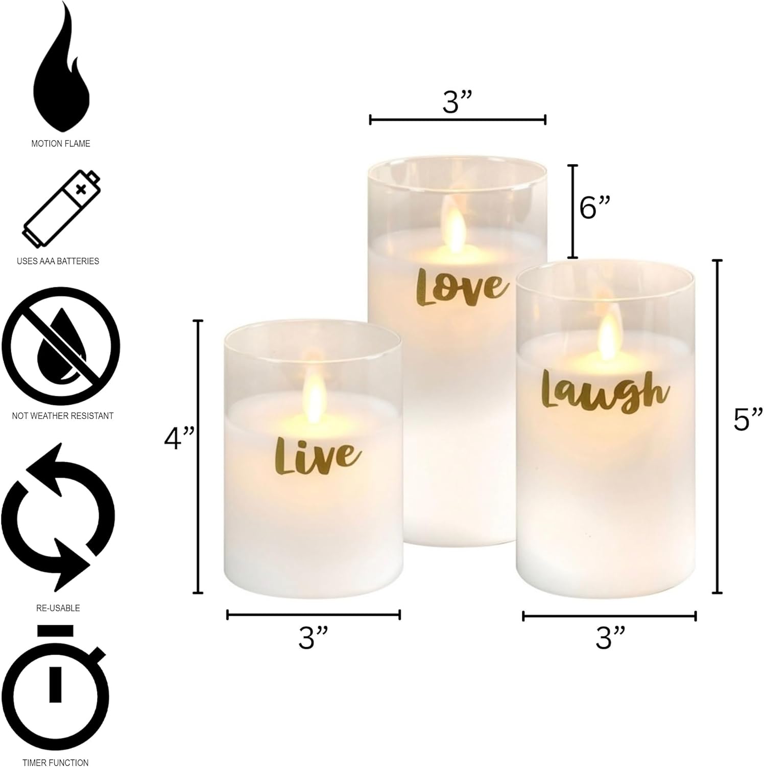 LumaBase Battery Operated LED Glass Candles with Flickering Flame, Live Laugh Love - Set of 3