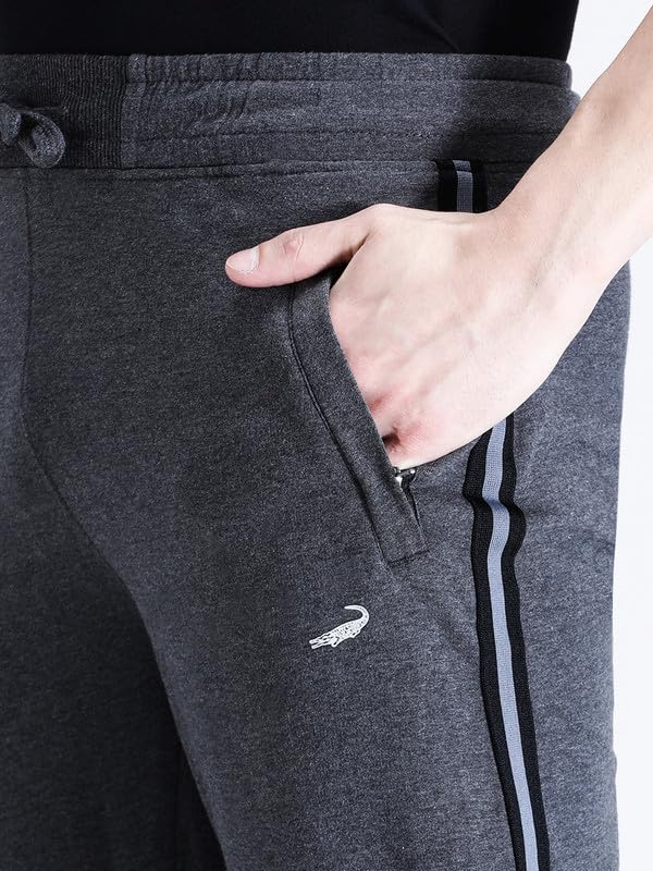 Image of CROCODILE Men Solid French Terry Joggers | Classic Fit | Mid Rise | Drawstring Closure | Ankle Length | Casual Wear Navy Melange