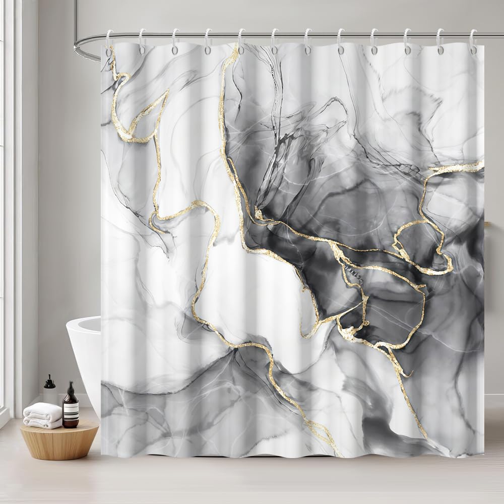 Tenda Doccia Antimuffa, Tenda da Doccia 180x200cm Grigio Effetto Marmo Nero Astratta Moderna Tende da Bagno Impermeabile Tessuto Lavabile Poliestere Tende per Vasca da Bagno con 12 Anelli