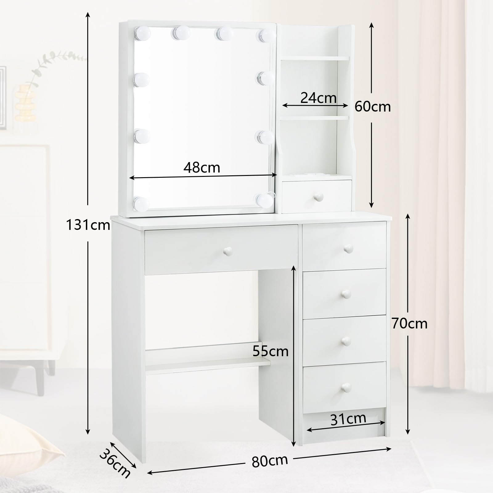Toeletta Trucco con Specchio e Sgabello, Postazione Make-up Robusta con Luci Dimmerabili e Guida Video, Scrivania da Trucco con 6 Cassetti e 6 Ripiani, Bianco, 36×80×131 cm, H411226