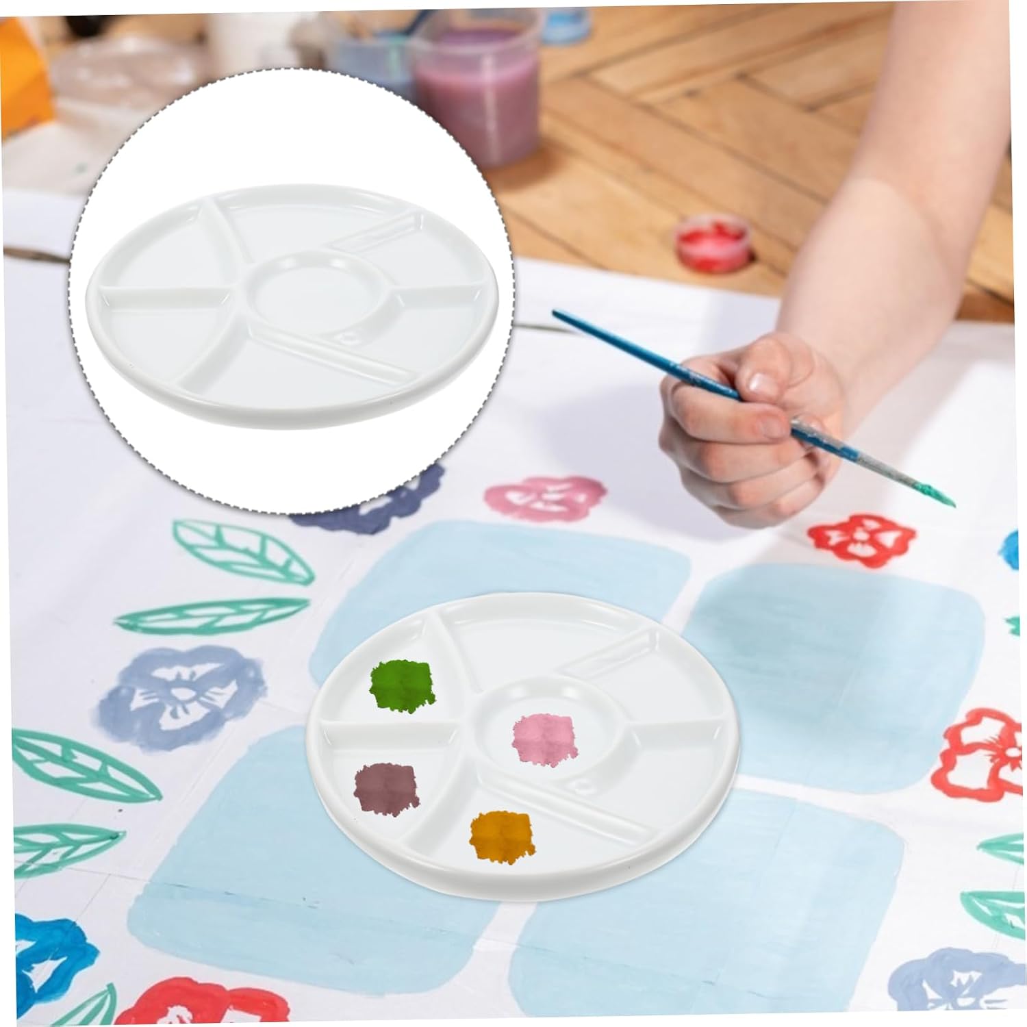 Round Ceramic Paint Mixing Tray 6-Compartment Palette for Watercolor and Gouache Painting Easy to Clean Art Supply for Artists