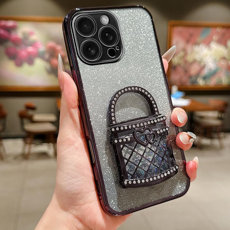 Ymyhyuxi Fundas suaves anticaídas de cuatro esquinas para Realme C21Y, funda con purpurina para teléfono, soporte de espejo con cordón (negro)