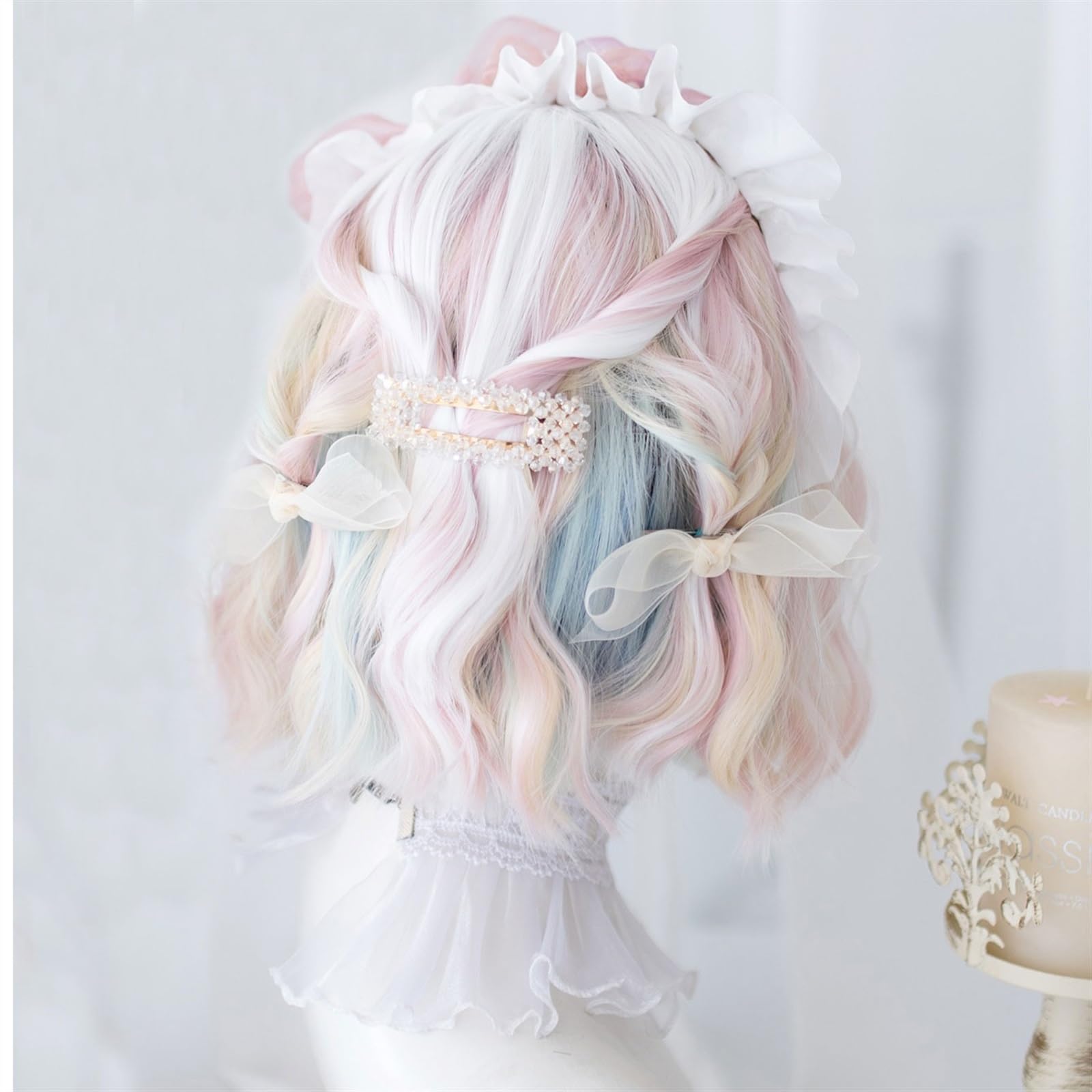 Peruka Cosplay odporna na wysokie temperatury, 30 cm, biała, różowa, dwukolorowa, syntetyczna peruka z grzywką, krótka, naturalna, falowana peruka dla kobiet