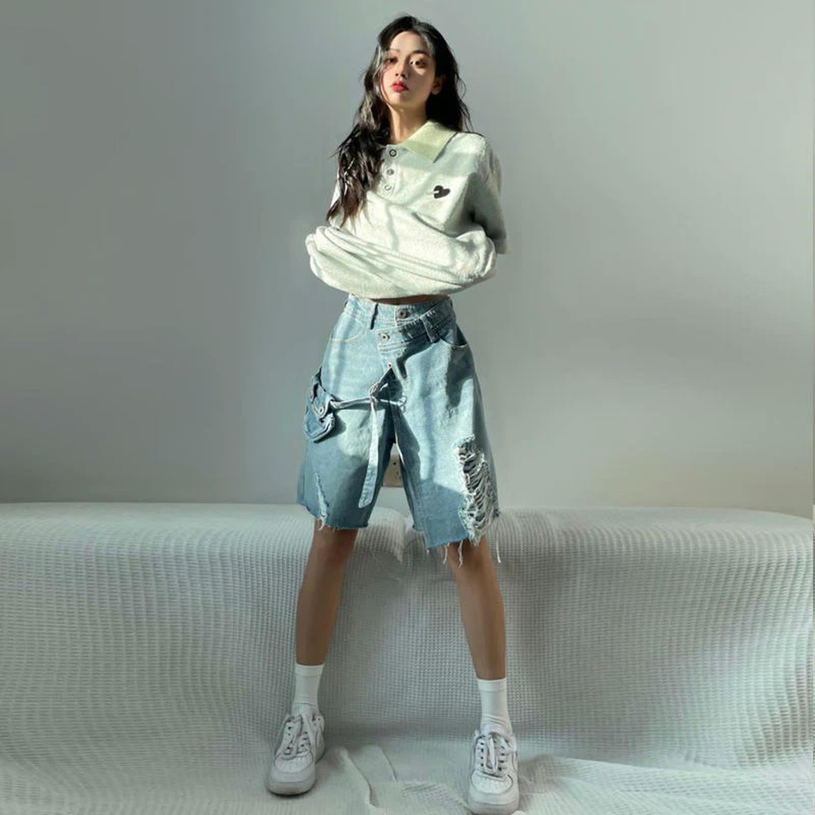 Pantaloncini Donna Short di Denim in Denim Irregolare da Donna Street Chic Fashion Street Largo Gamba Larga Ginocchiera Jeans Mini Pantaloni Casual