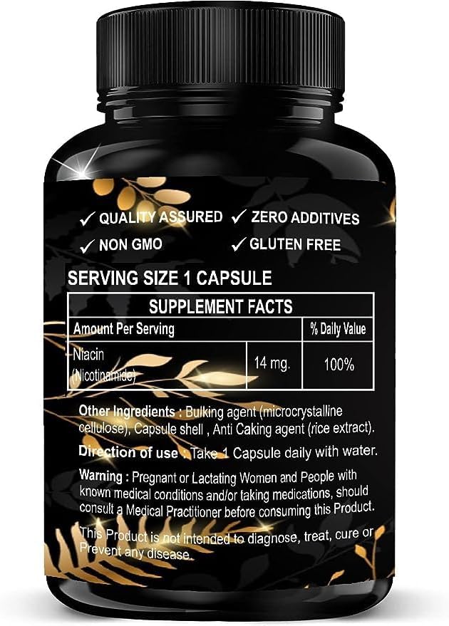 Miniatura 2 de Niacina, suplemento de vitamina B3 para cabello sano, piel y uñas, apoyo energético, sin OMG, vegetariano (90 cápsulas)