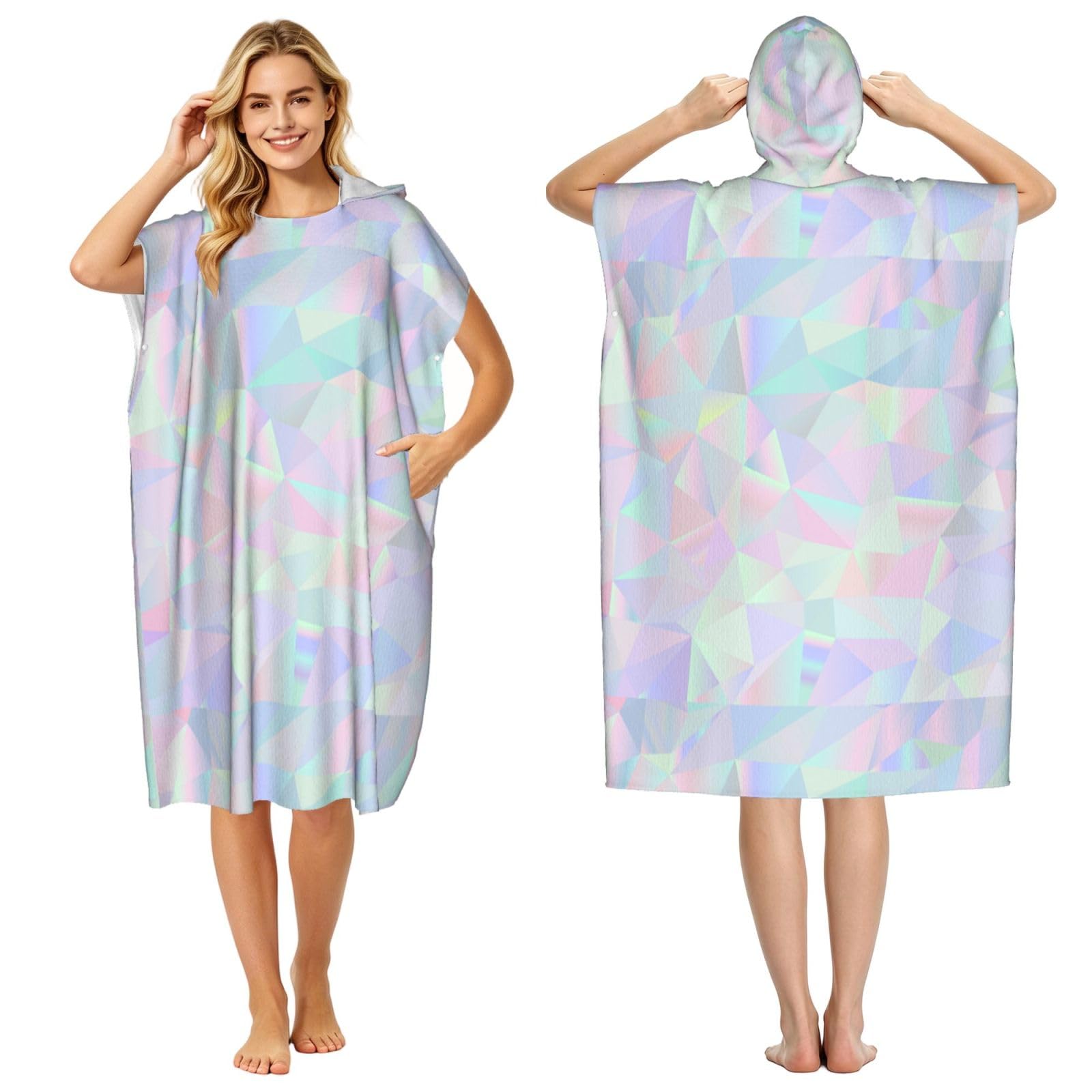Poadnly Abstract Iridescent Holographic Polygonal, Adult Hooded Beach Towel 90 x 110 cm,Changing Bath Robe, Surf Poncho Towel For Women Men