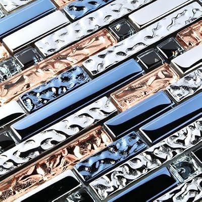 Hominter Metallic Glass Tile Rose Gold, Silver & Ink Blue Interlocking Linear Mosaic for Kitchen Backsplash, Bathroom Walls, Fireplace Surrounds & Accent Decor (6 Square Feet)