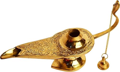 Miniatura 3 de Lámpara de aceite Aladdin de 100 % latón puro de 10 pulgadas, genioChirag ornamentado, latón dorado, juguetes vintage y regalos para niños, fiesta