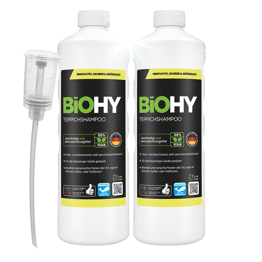 BiOHY Shampoing pour Tapis (2 x 1l Bouteille) + Distributeur | Concentré de nettoyant pour tapis | idéal pour enlever les taches tenaces | bien toléré par les animaux (Teppichshampoo)
