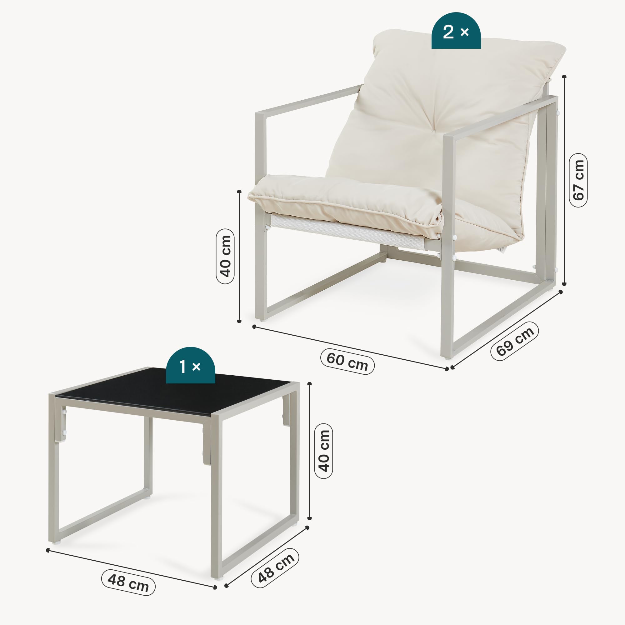 casa.pro Gartenmöbel Set Karg Balkonmöbel 3-teilig Garnitur Outdoor Lounge Tisch mit 2 x Sessel wetterfest Couchtisch mit Glasplatte Gartenstühle Metall Beige
