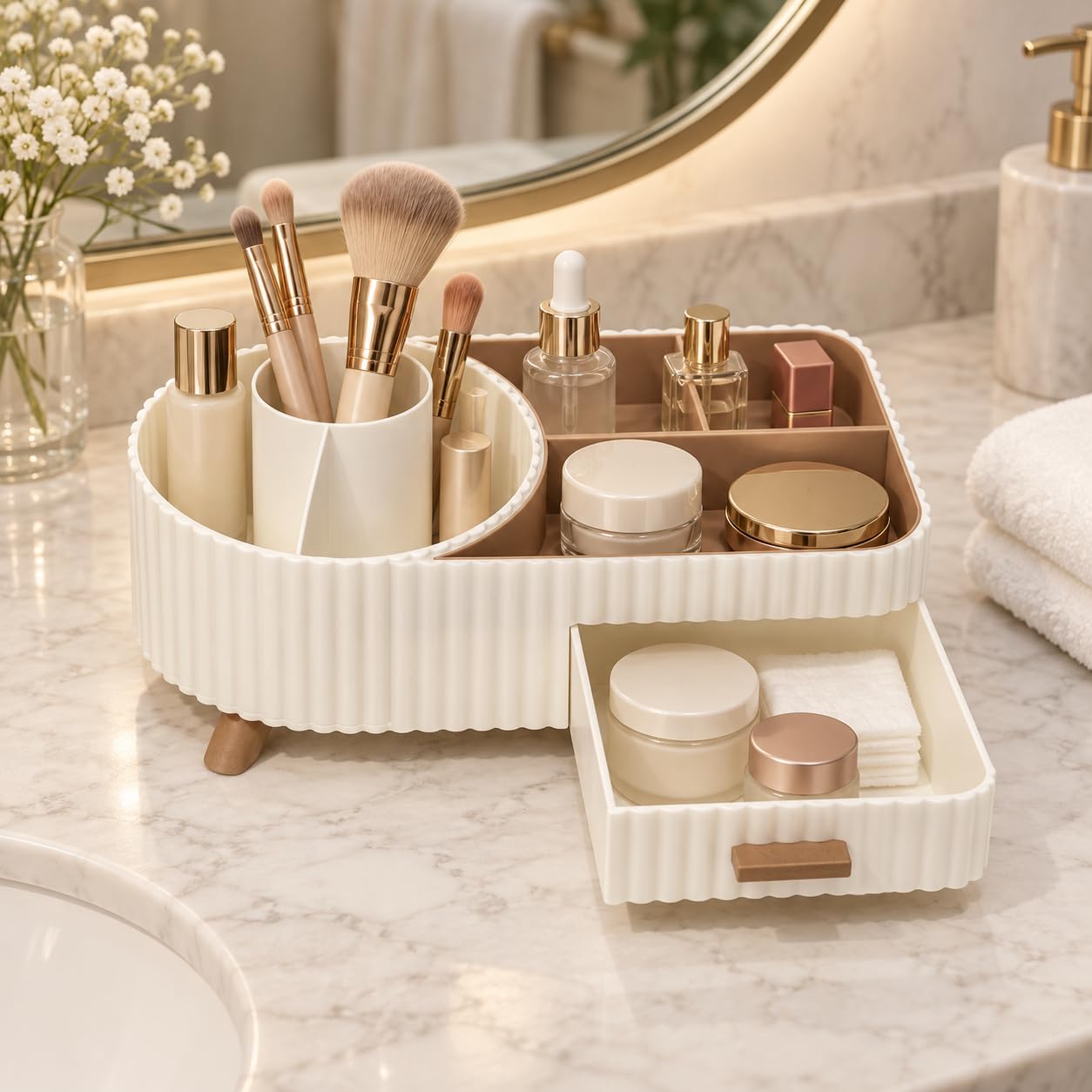 Bellatonni Organizador de Maquillaje Giratorio Beige con Cajón