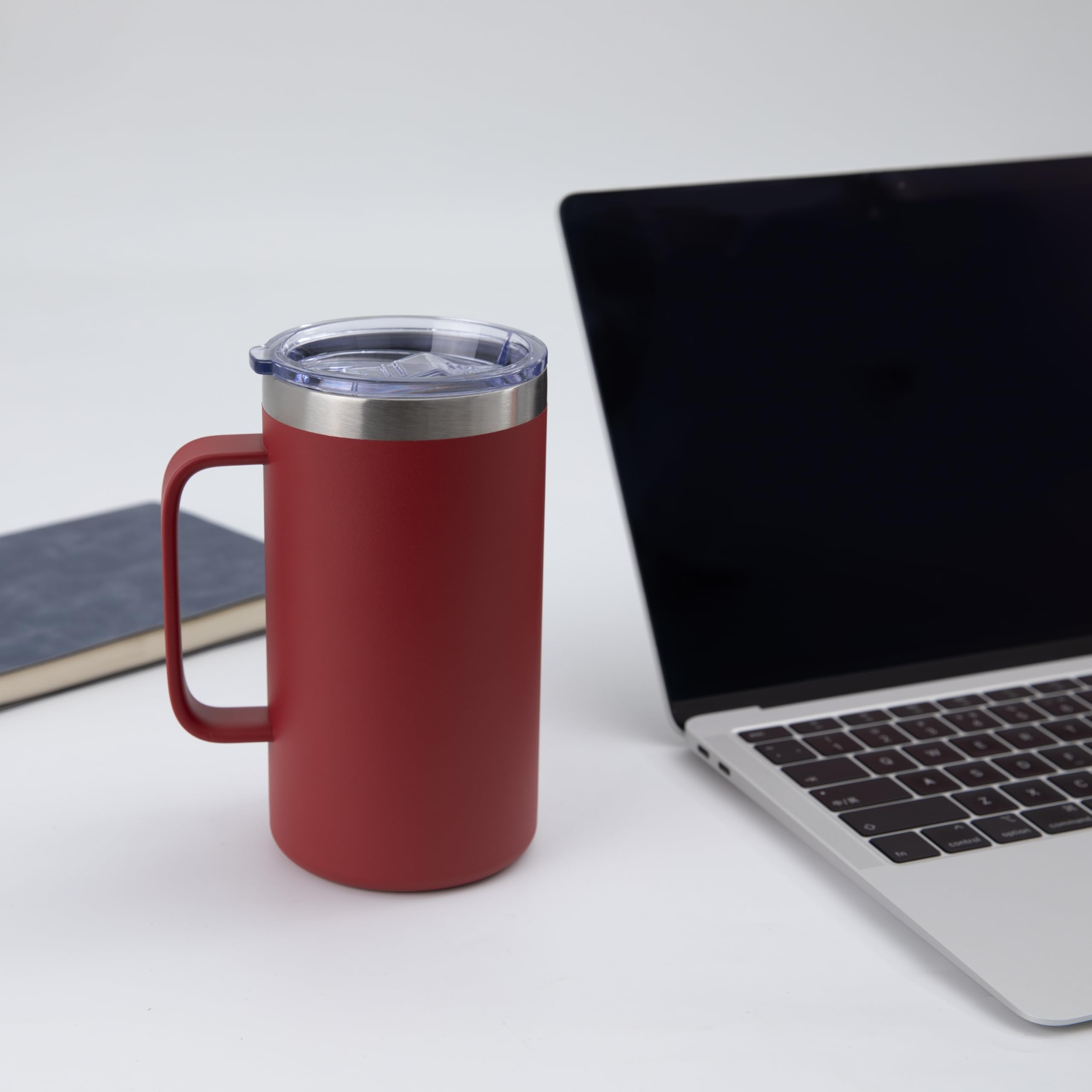 DOMICARE Taza de café de acero inoxidable de 24 onzas con asa y tapa, taza de viaje con asa, vaso de café al vacío de doble pared, taza aislada reutilizable, rojo oscuro, paquete de 8