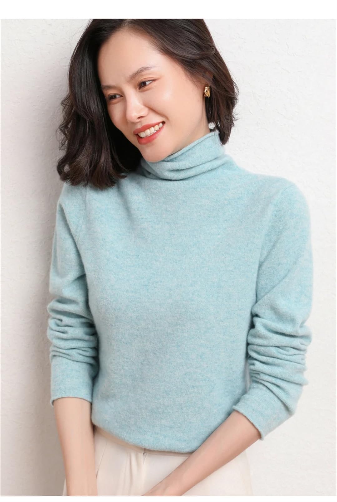 Maglione da donna a collo alto, tinta unita, a maniche lunghe, casual, lavorato a maglia, Beige, XXL