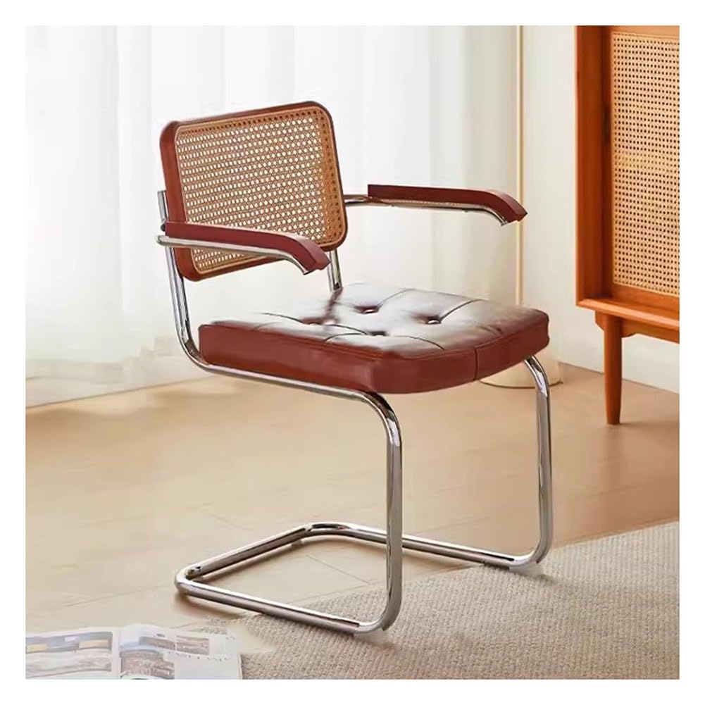 Mid Century Modern Rattan Dining Chairs with Armrests PU Leather Seat Handwoven Cane Back – Stylish Cafe & Hotel Leisure Seating for Dining Rooms