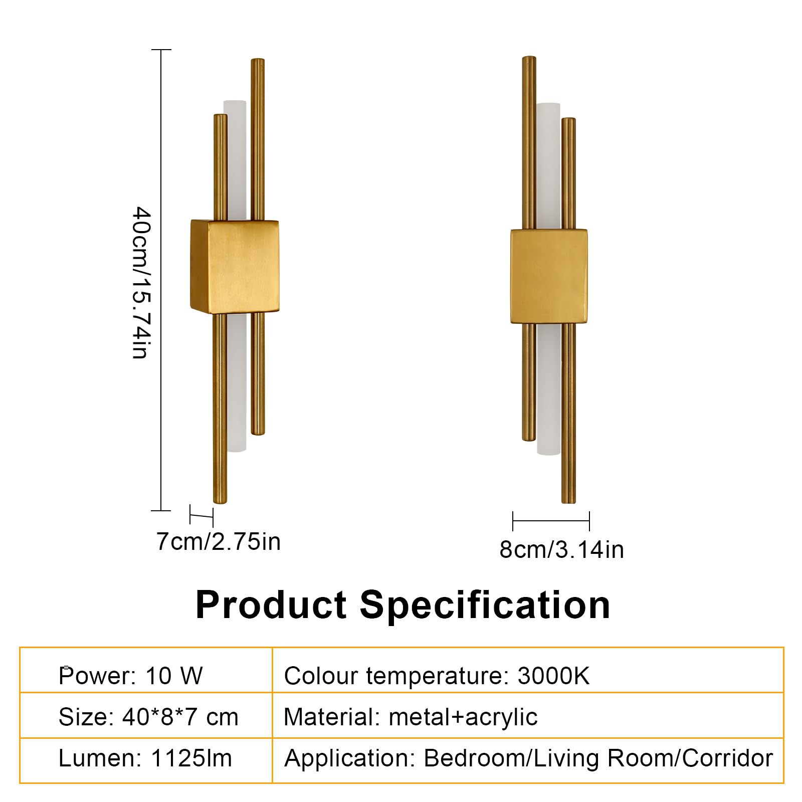 Comely Apliques de Pared Interior LED, 10W Moderno Lámpara de Pared 3000K, Aplique de Pared Largo Dorado para Dormitorio, Salón, Comedor, Pasillo, Escalera