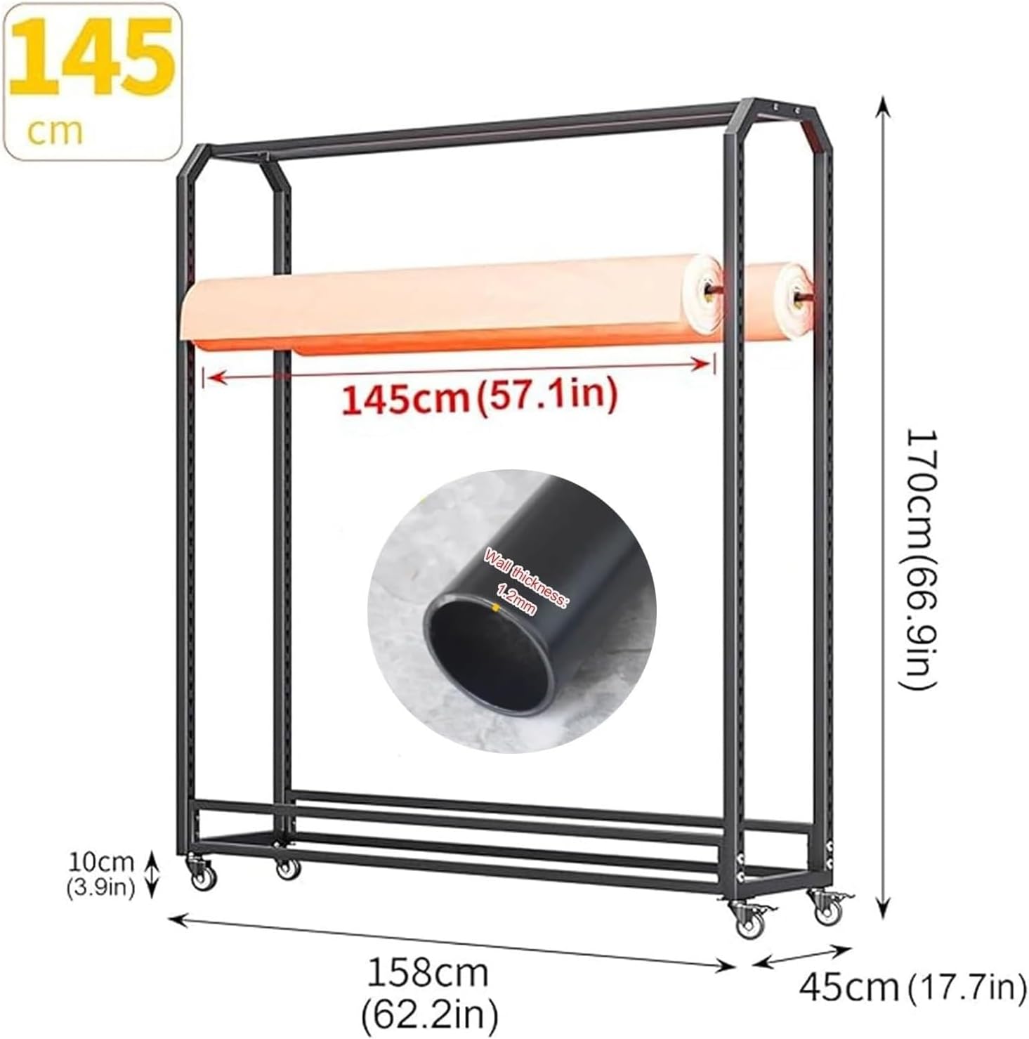 Heavy Duty Steel Storage Rack - 18-Rod Movable Organizer for Vinyl, Car Wraps & Fabric - Perfect for Garage, Retail & Studio Use - 145cm Wide