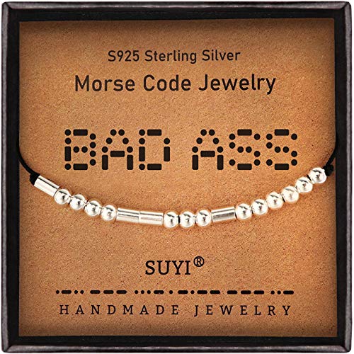 Suyi Birthday Gift for Her Morse Code Bracelet Personalized Handmad Sterling Silver Beads on Silk Cord Strand Bracelet Jewelry for Women Bad Ass