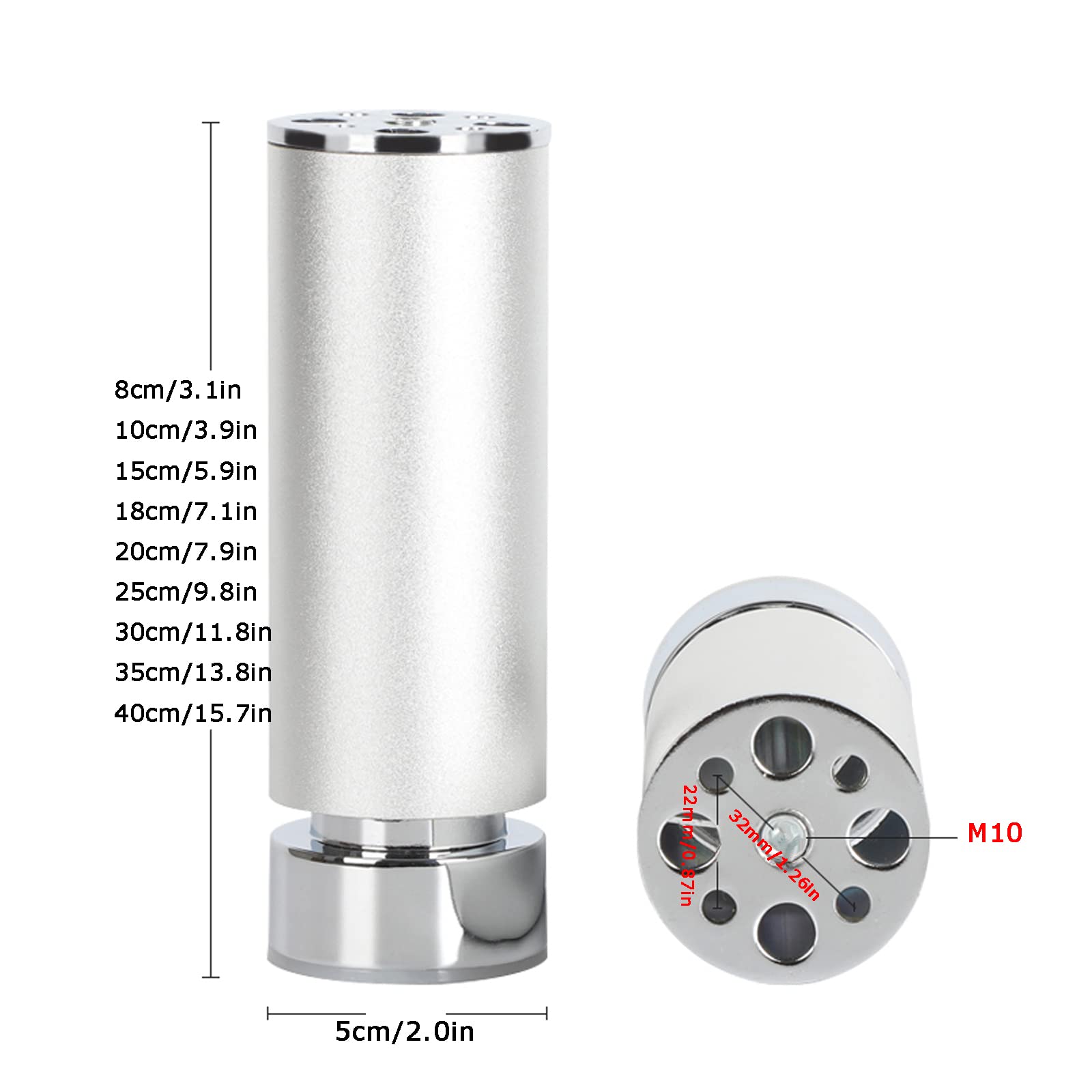 Confezione da 4 Gambe per Mobili in Lega di Alluminio,Gambe da Tavolo in Metallo,Gambe per Divani,Capacità di Carico:300 Kg,Filettatura M10 (Metrica 10 Mm) (40cm/15.7in,Silver)