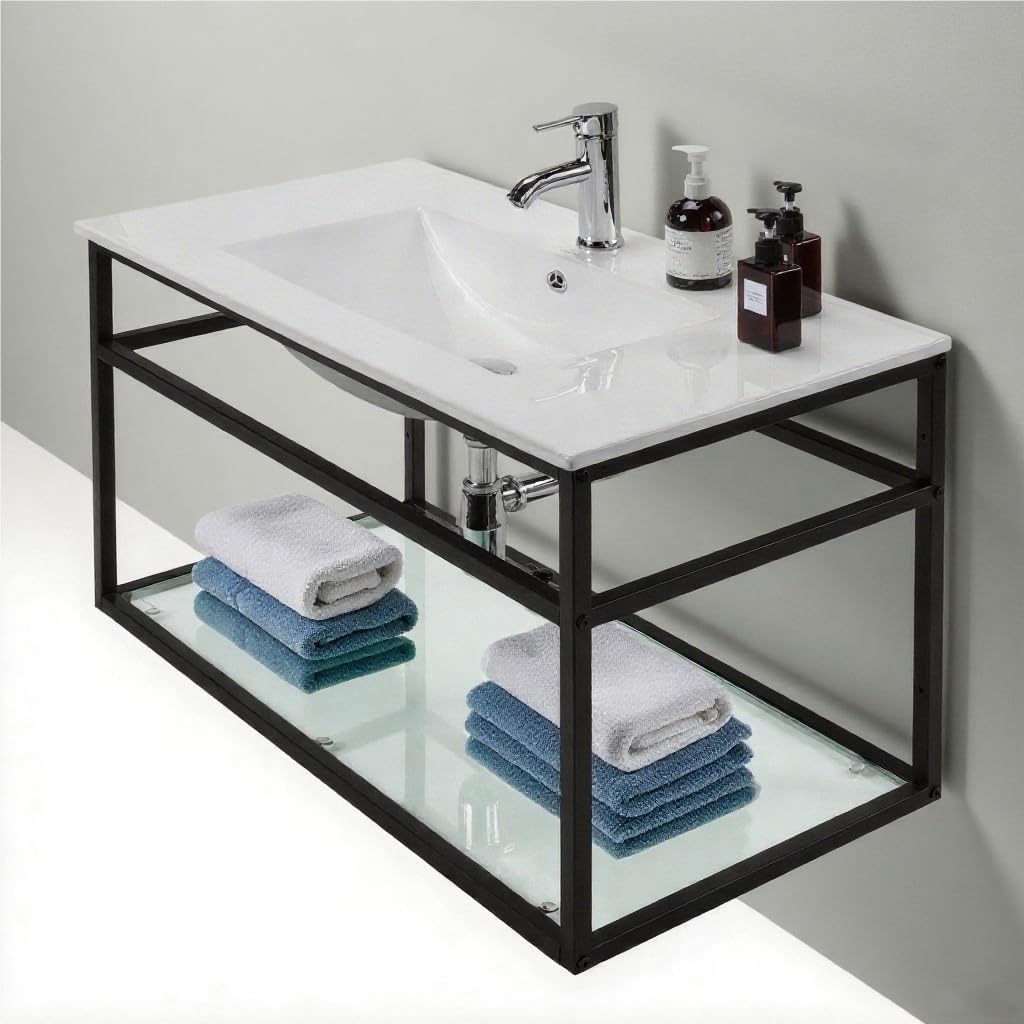 wonline 24” Bathroom Vanity with Ceramic Sink, Bathroom MDF Cabinet with White Wash Basin and Modern Design Chrome Faucet for Small Space