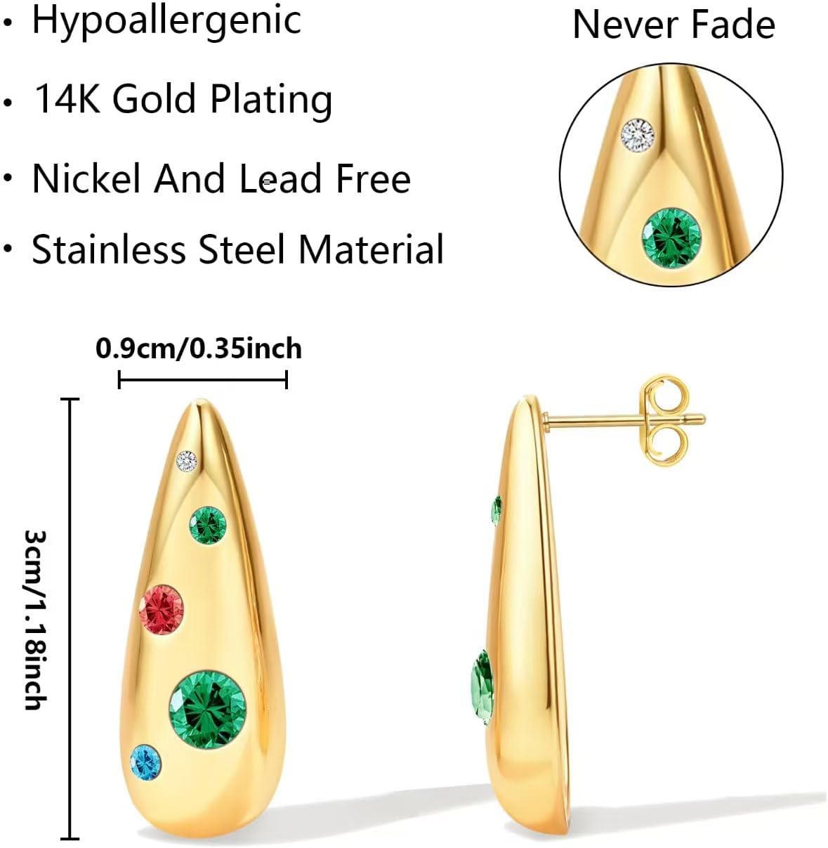 Teardrop 14K Gold Plated Gold Earrings for Women Thick Dome Hoop Earrings for Hypoallergenic Earring Geometry Statement Earrings - Image 2