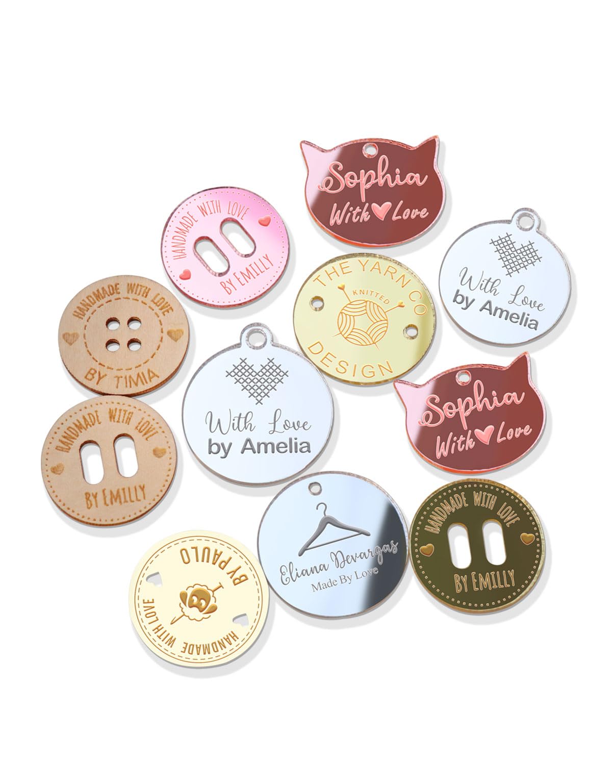 50Pcs Custom Crochet Tags, Personalised Round Button Tags for Crochet Projects, Wooden and Acrylic Knitting Labels for Handmade Items (Round)