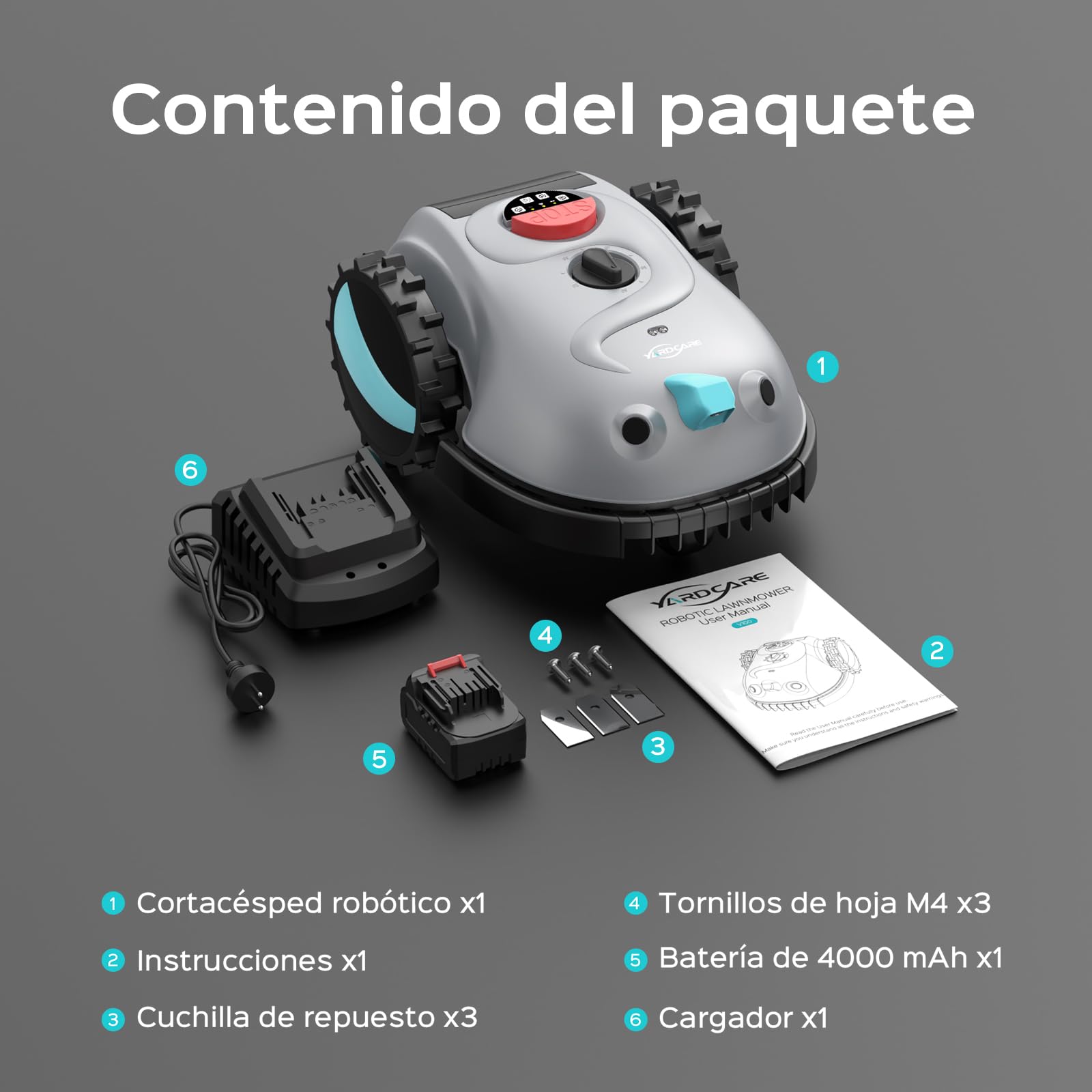 YARDCARE V100 Robot Cortacesped Electrico con Navegación por Visión, Detección de 150 Obstáculos, Robot Cortacésped Bateria hasta 150 m², Robot Cortacesped con Cuchillas de Repuesto, Corte en Espiral