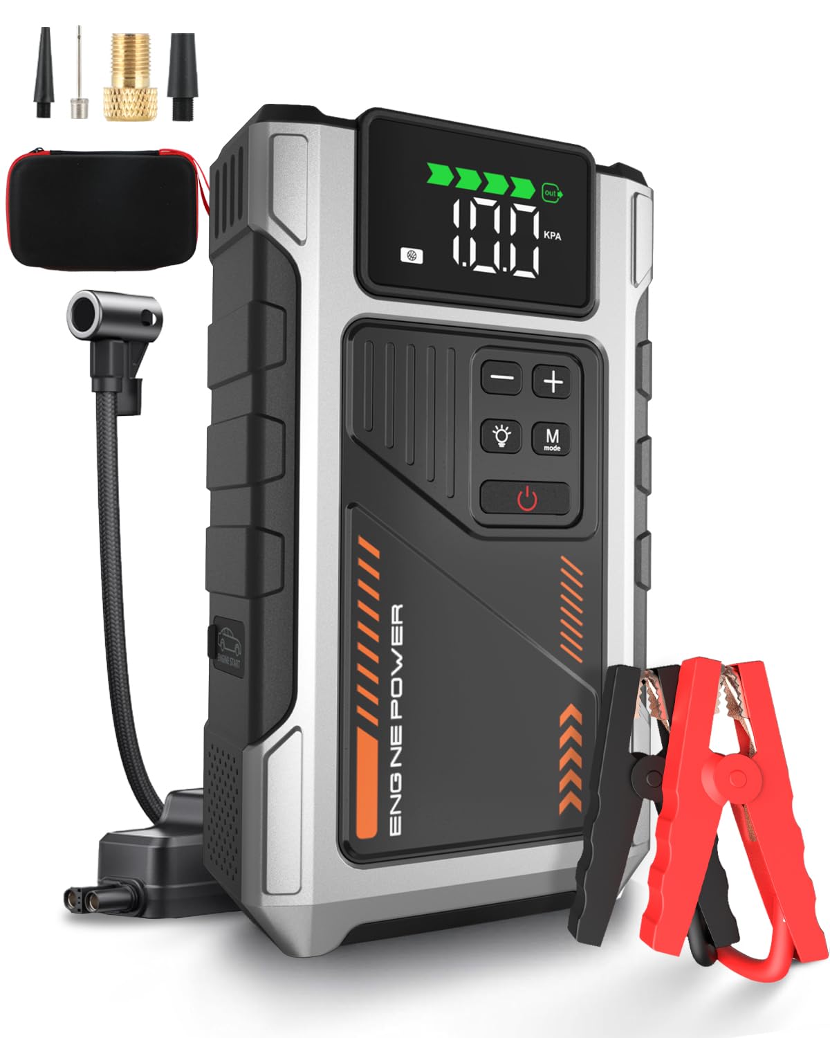 Eigotrav Booster Avviamento Auto Portatile con Compressore d'aria Avviatore Emergenza per Auto da 6000A (Fino a 7,5L di Benzina/6,0L di Gasolio) 12V con 3 Modalità Torcia Avviatore Batteria Auto