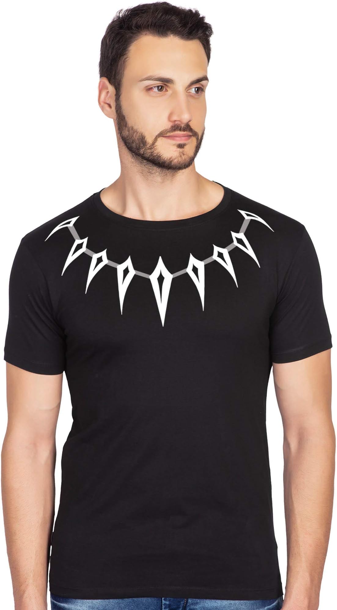 bluehaaatMen's Glow in Dark Black Panther T'chala Necklace Wakanda King Graphic Printed Slim Fit Half Sleeve Cotton T-Shirt