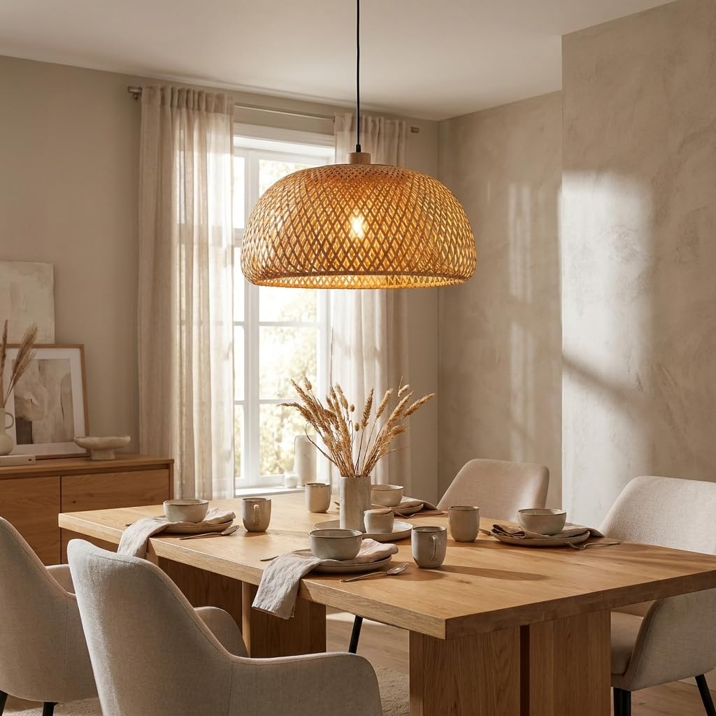 Alpinaluz Lámpara Colgante de Mimbre Beige ø480mm con Pantalla Doble Capa en Forma de Hemisferio, Portalámpara de Madera E27, Cable Negro Ajustable, Perfecta para Salón, Comedor y Dormitorio Interior