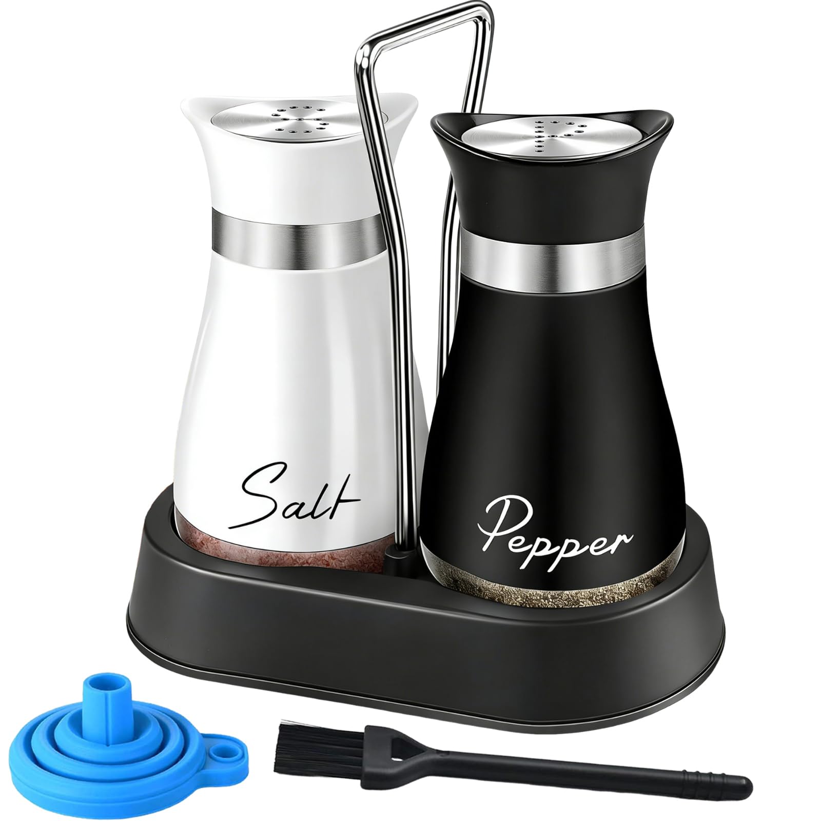 Salt and Pepper Shakers Set with Holder, Stainless Steel Salt Pepper Shaker Containers with Glass Bottom, Cleaning Brush & Funnel, Perfect for Kitchen Spice Storage, Restaurant, RV, Camp, BBQ Refillab