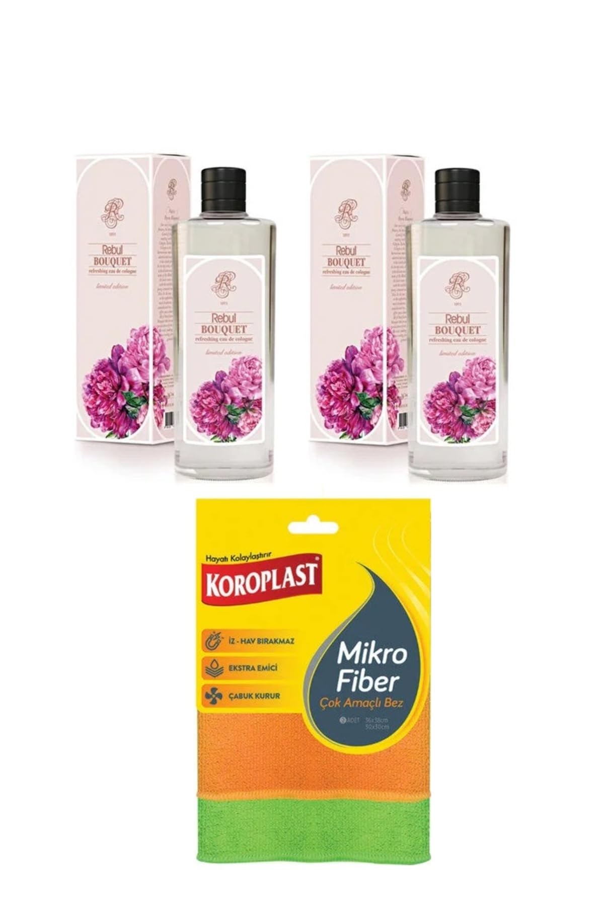 Rebul Bouquet Kolonya, 2 x 250ml, Koroplast Çok Amaçlı Mikrofiber Bez Hediyeli